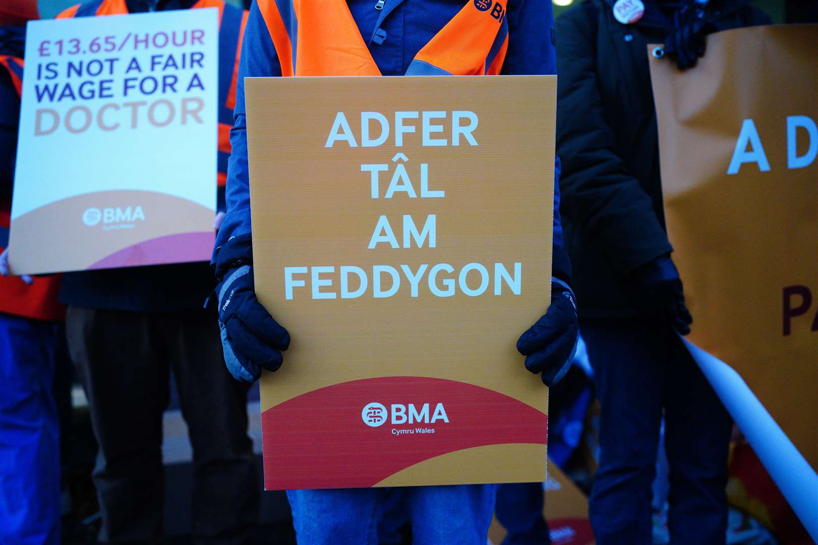 Junior doctors on the picket line at Cardiff’s University Hospital as union members across Wales walked out over pay (Ben Birchall/PA)