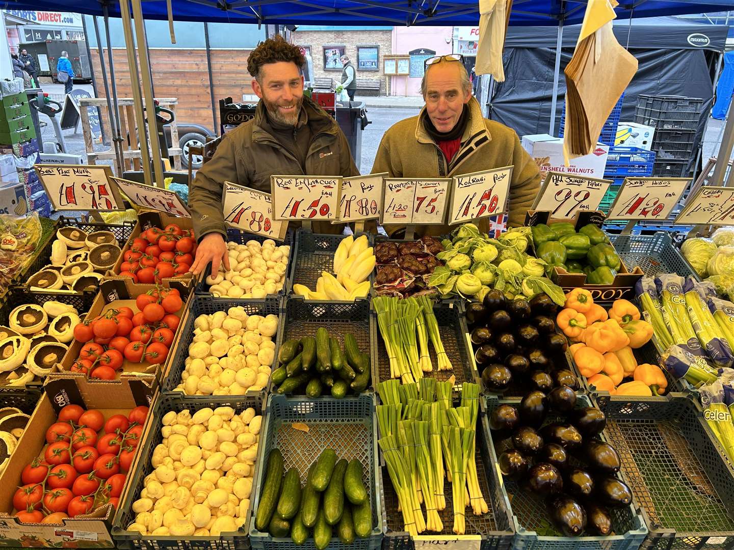 Henry and Martin Hart, of Martin Hart and Son, on Bury St Edmunds market. Picture: Camille Berriman