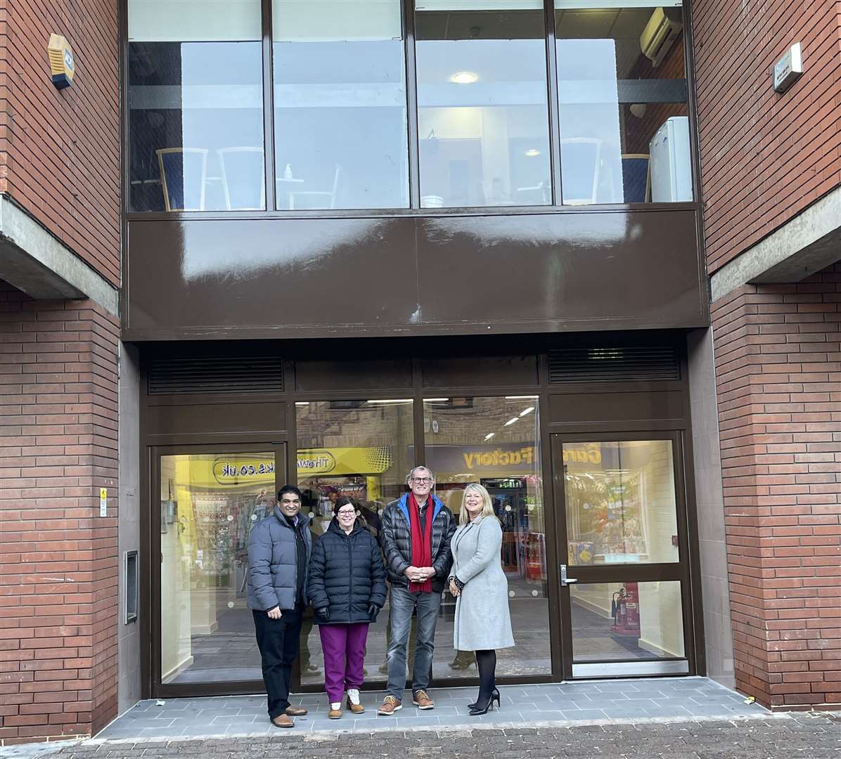 Cllr Indy Wijenayaka, cabinet member for growth, Cllr Diane Hind, cabinet member for resources, Cllr Cliff Waterman, leader of West Suffolk Council and Laraine Moody, group principal - University and Professional Development at West Suffolk College, outside Provincial House in Haverhill.Contributed picture