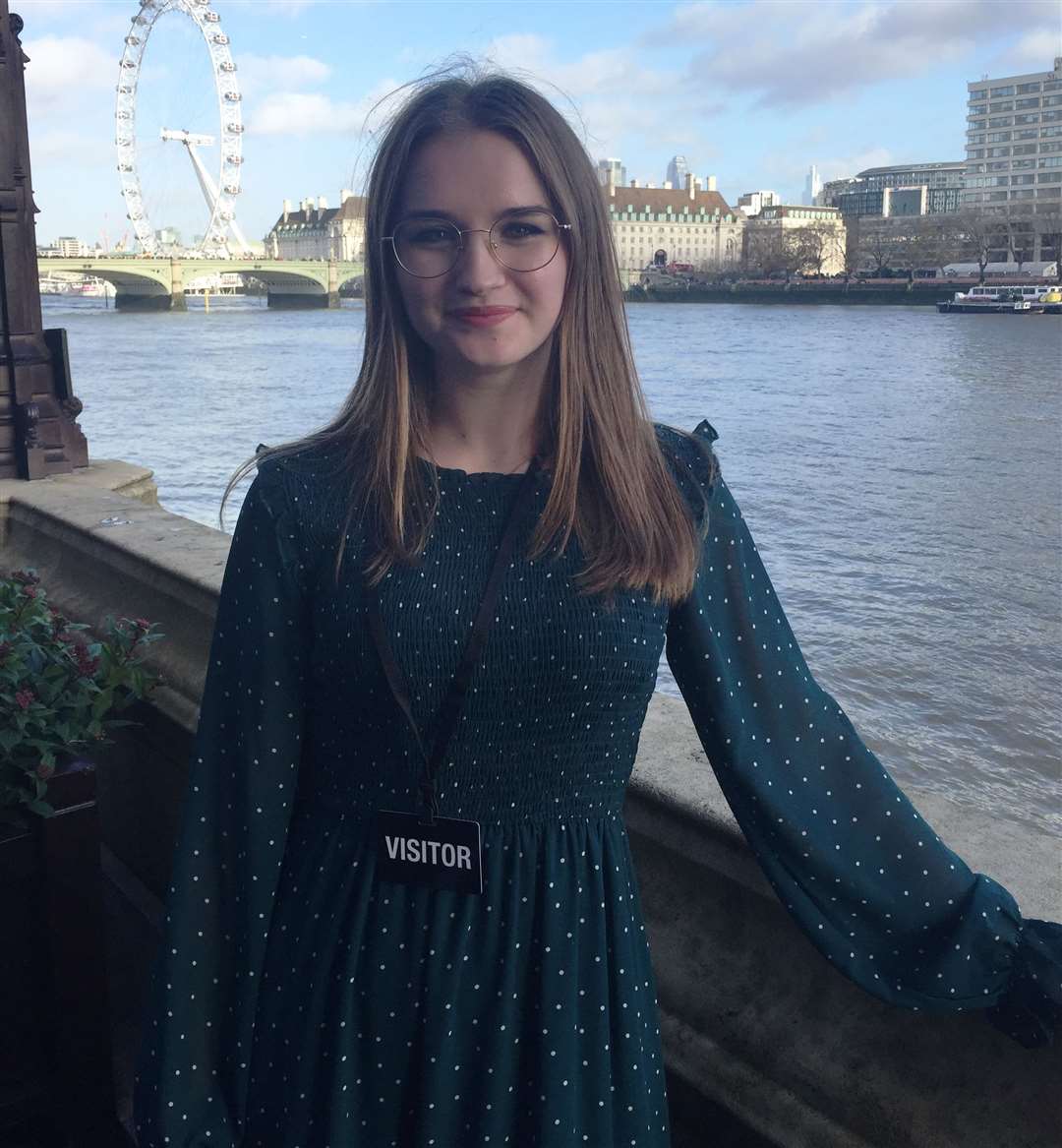 Mariia Yakymenko reflecting on her national award in the shadow of the London Eye. Picture: Eastern Education Group