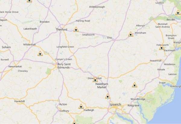 10 flood alerts are currently in place for rivers in Suffolk. Picture: Live Flood Map