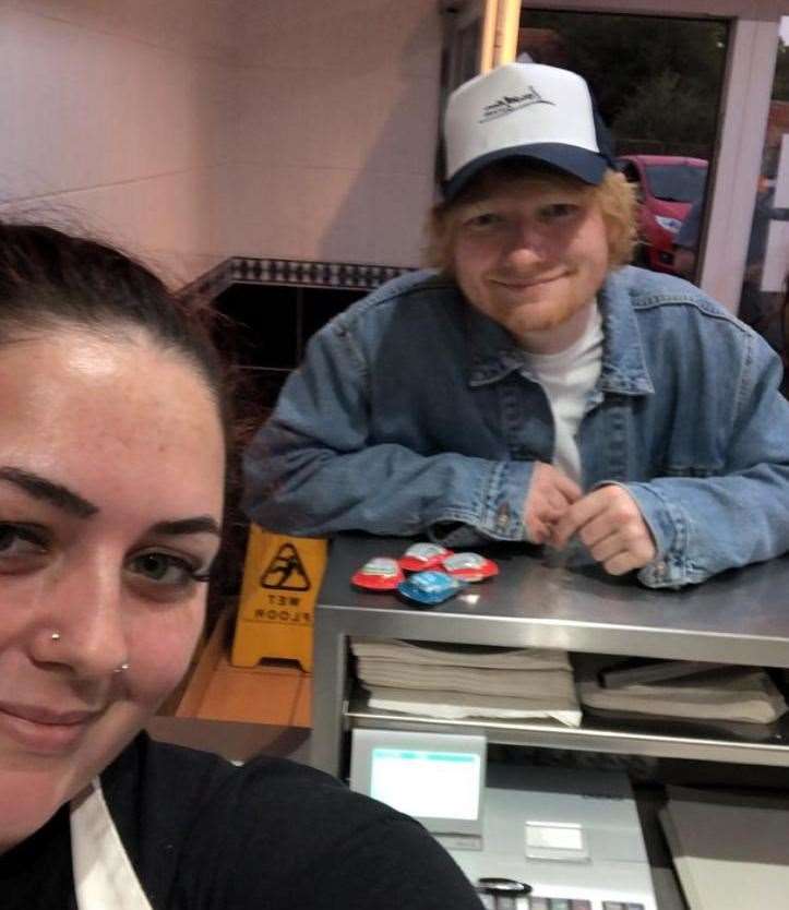 Paige Osborne with Ed Sheeran at Stowupland Fish Shop