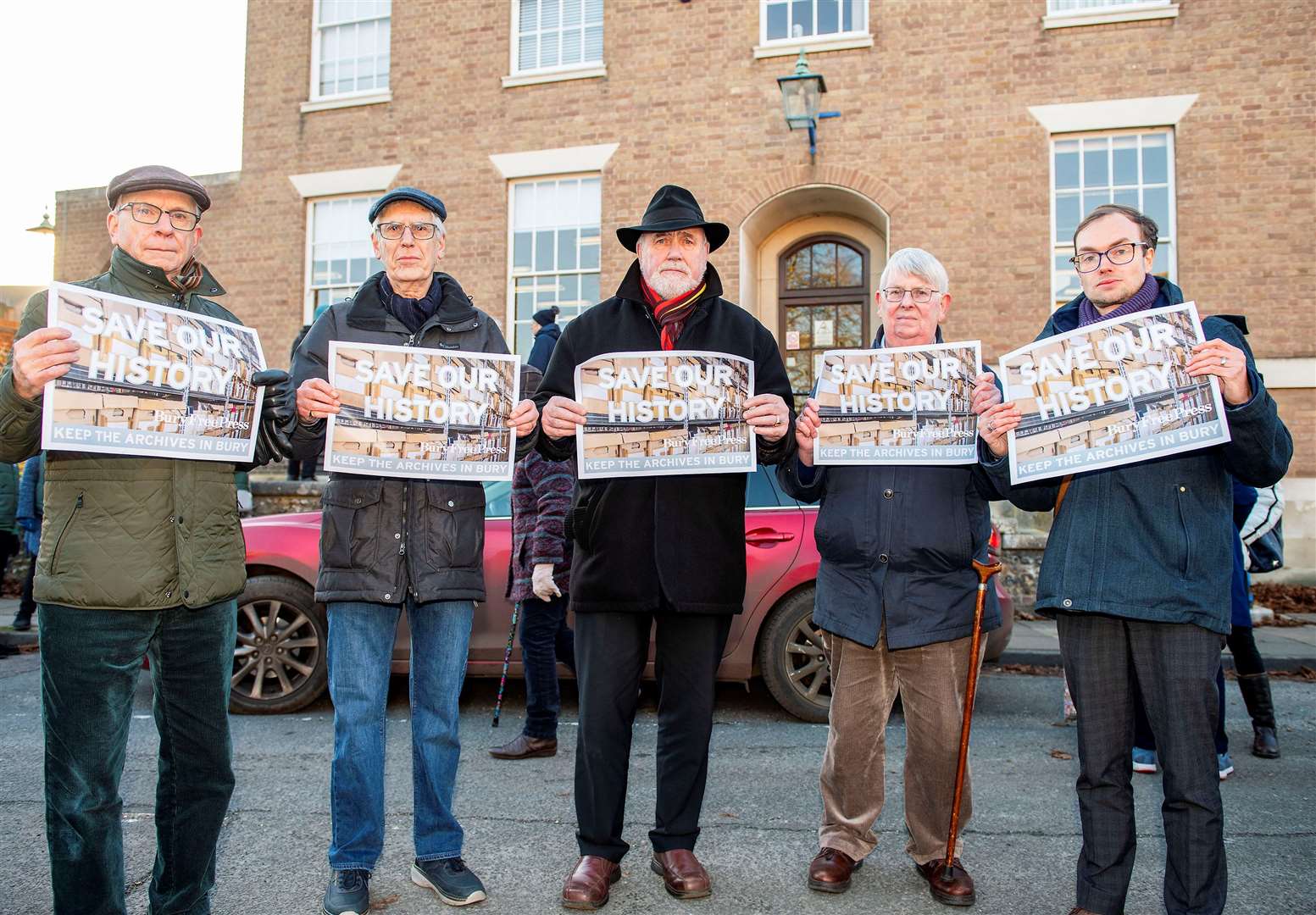 From left, Terry O’Donoghue, vice-chair and secretary of the Bury Society; John Popham, trustee of the Bury Town Trust; Martyn Taylor, chair of the Bury Society; Richard Summers, retired co-ordinator of the Abbey of St Edmund Heritage Partnership and Paul Derrick, head of news at the Bury Free Press. Picture: Mark Westley