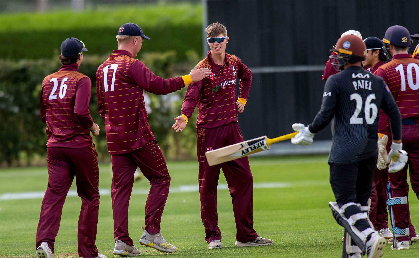 Thomas Harper celebrates a wicket against Surrey at Woolpit Picture: Mark Westley