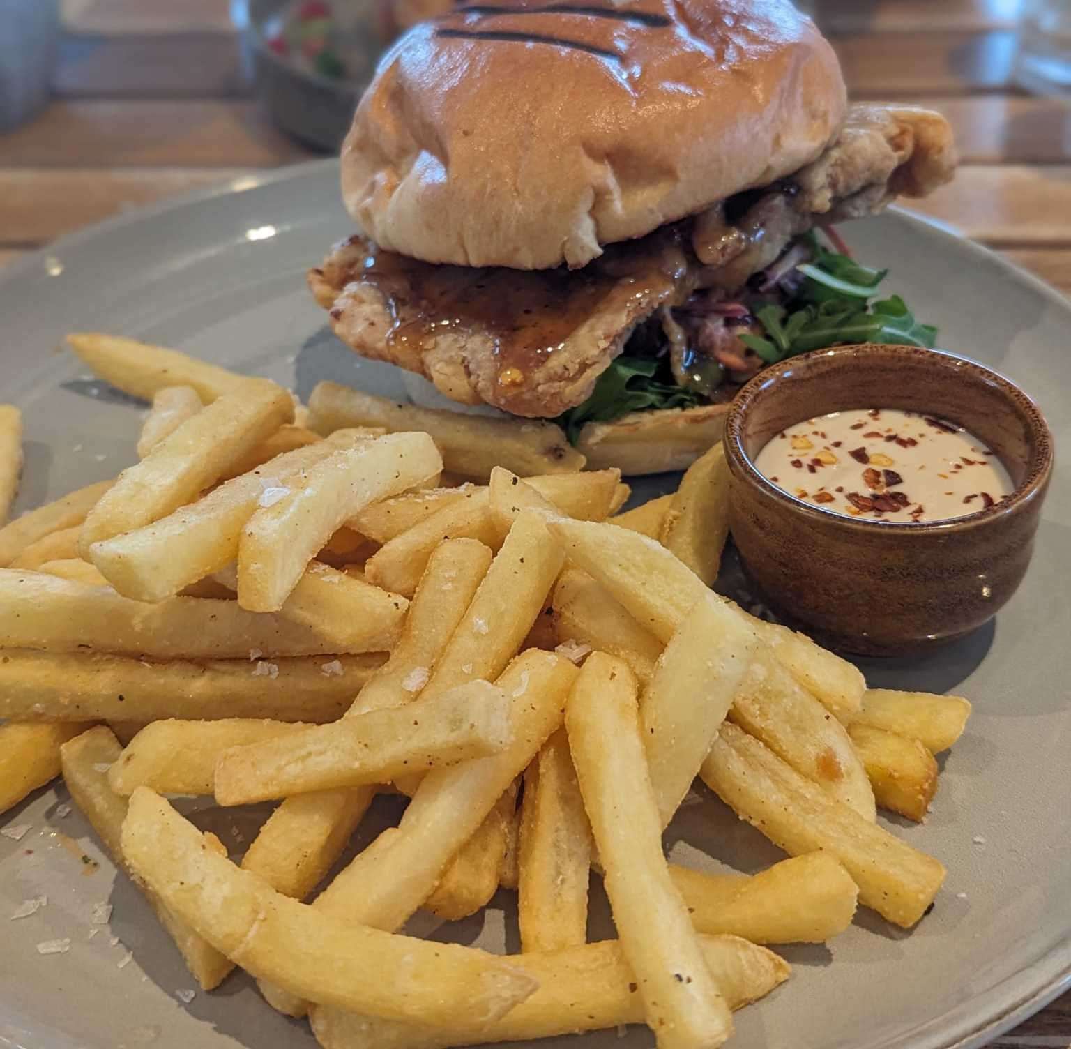 Sam chose the sticky chicken burger with fries - priced at £14.95. Picture: Suzanne Day