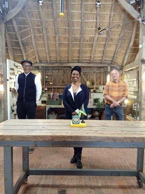 Karen alongside Repair Shop host Jay Blades and resident clock repairer Steve Fletcher. Picture: Karen Walker