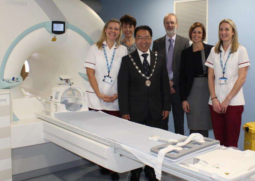 MRI suite unveiling at West Suffolk Hospital - Laura Sheehan (superintendent radiographer), Gayle Merrygold from Chrystal Medical who we worked with the hospital on the project, Nigel Beeton (imaging services manager), Patrick Chung, Jo Churchill and Claire Moore (MRI project lead/superintendent)