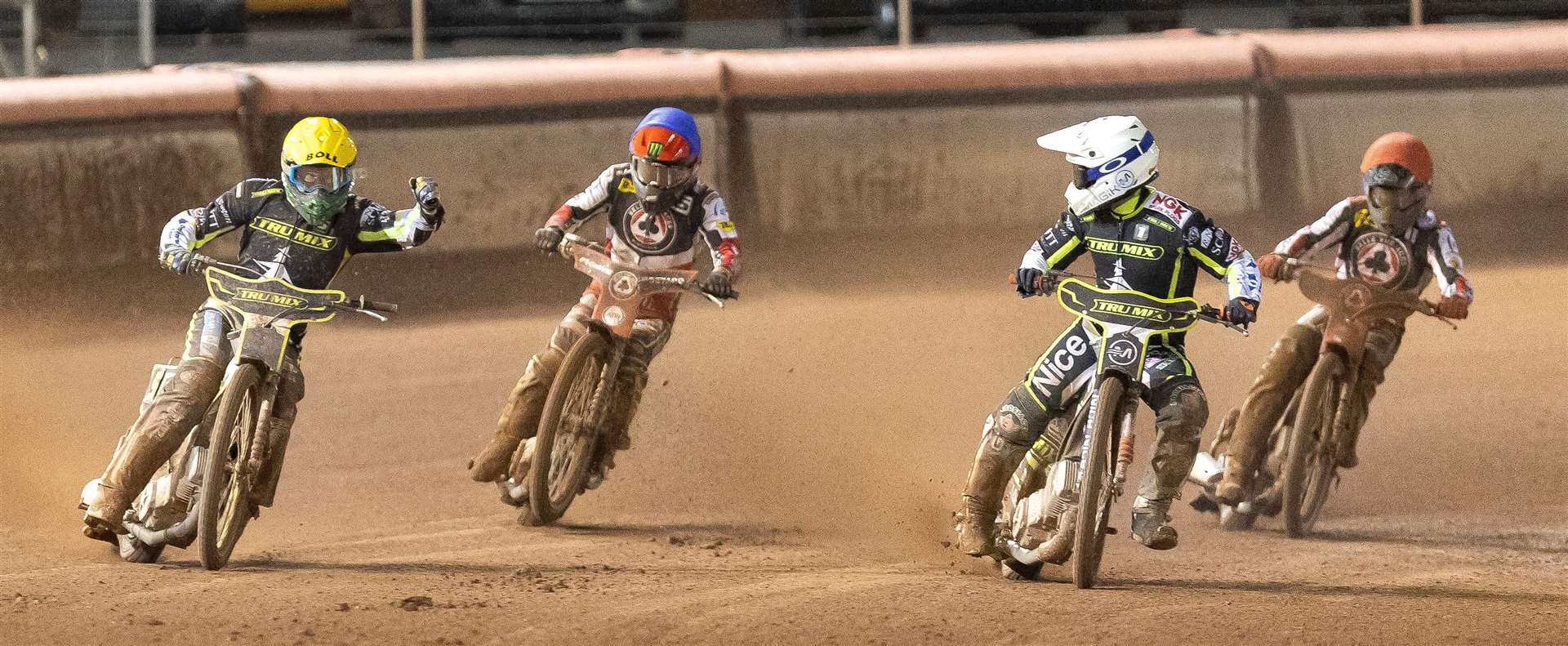 Jason Doyle, yellow, and Emil Sayfutdinov go over the line at Belle Vue in the last heat as the Witches make the Premiership final. Picture: Taylor Lanning