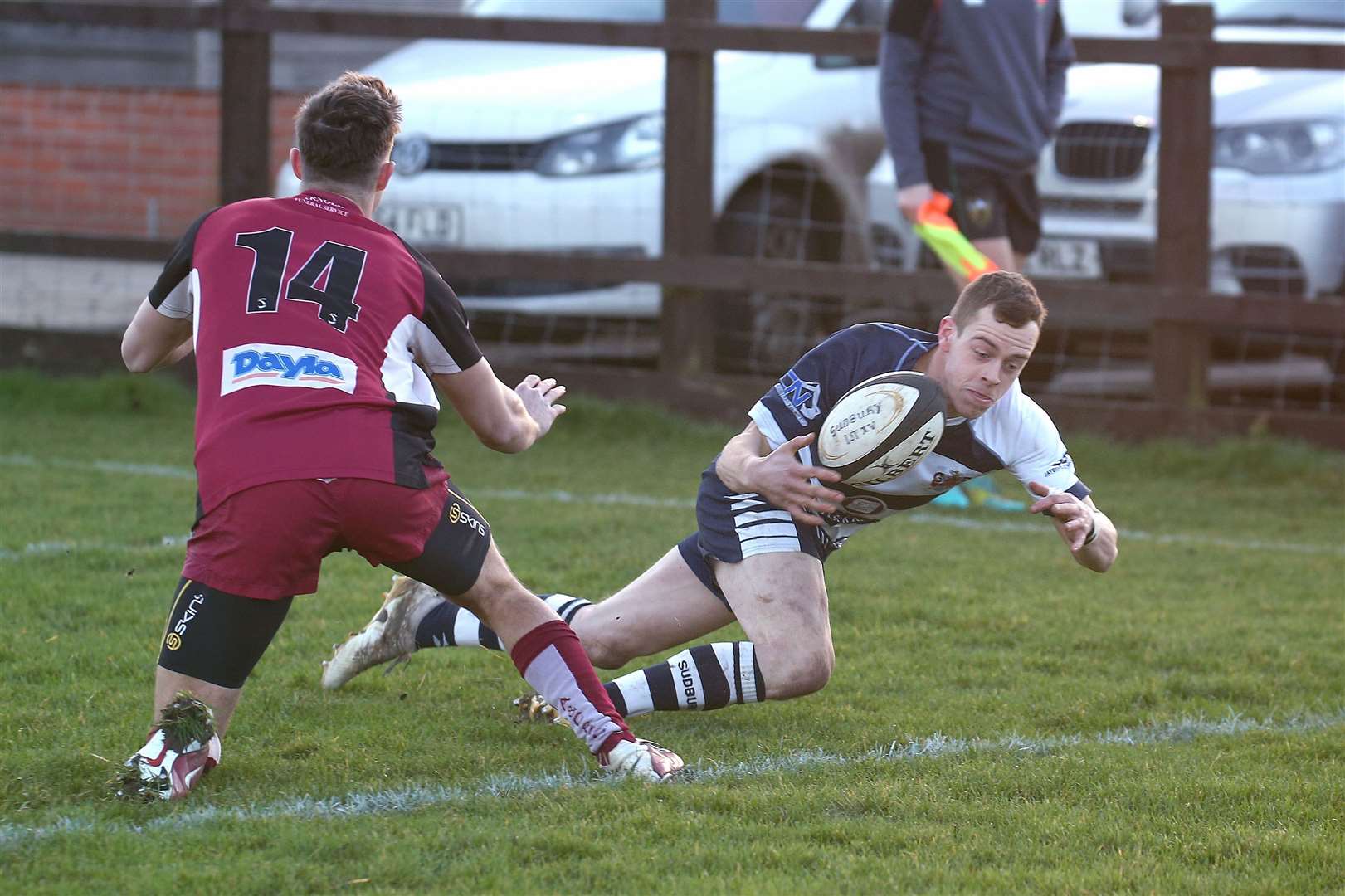 Sudbury v Amersham & Chiltern - Sam Rust goes over for a try.Pic - Richard Marsham/RMG Photography.