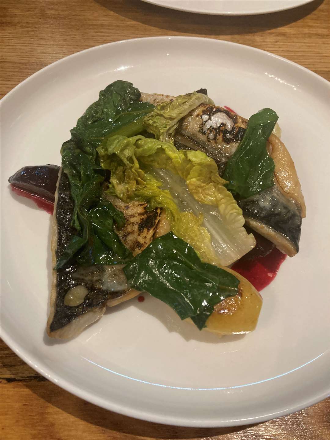 Blowtorched Cornish mackerel, chicken fat potatoes, beetroot and gem lettuce. Picture: Kev Hurst